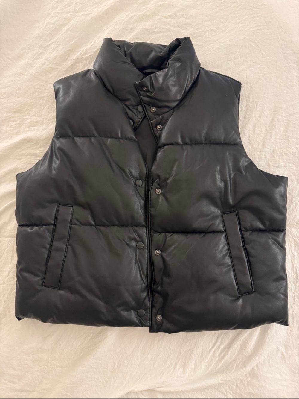 Old Navy Black Quilted Puffer Vest - Faux Leather Finish